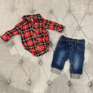 Cat & Jack Red Plaid Onesie and Blue Jeans Set